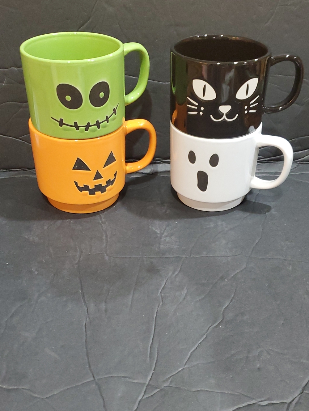 TWO spooky Halloween themed stackable ceramic coffee mugs brand new